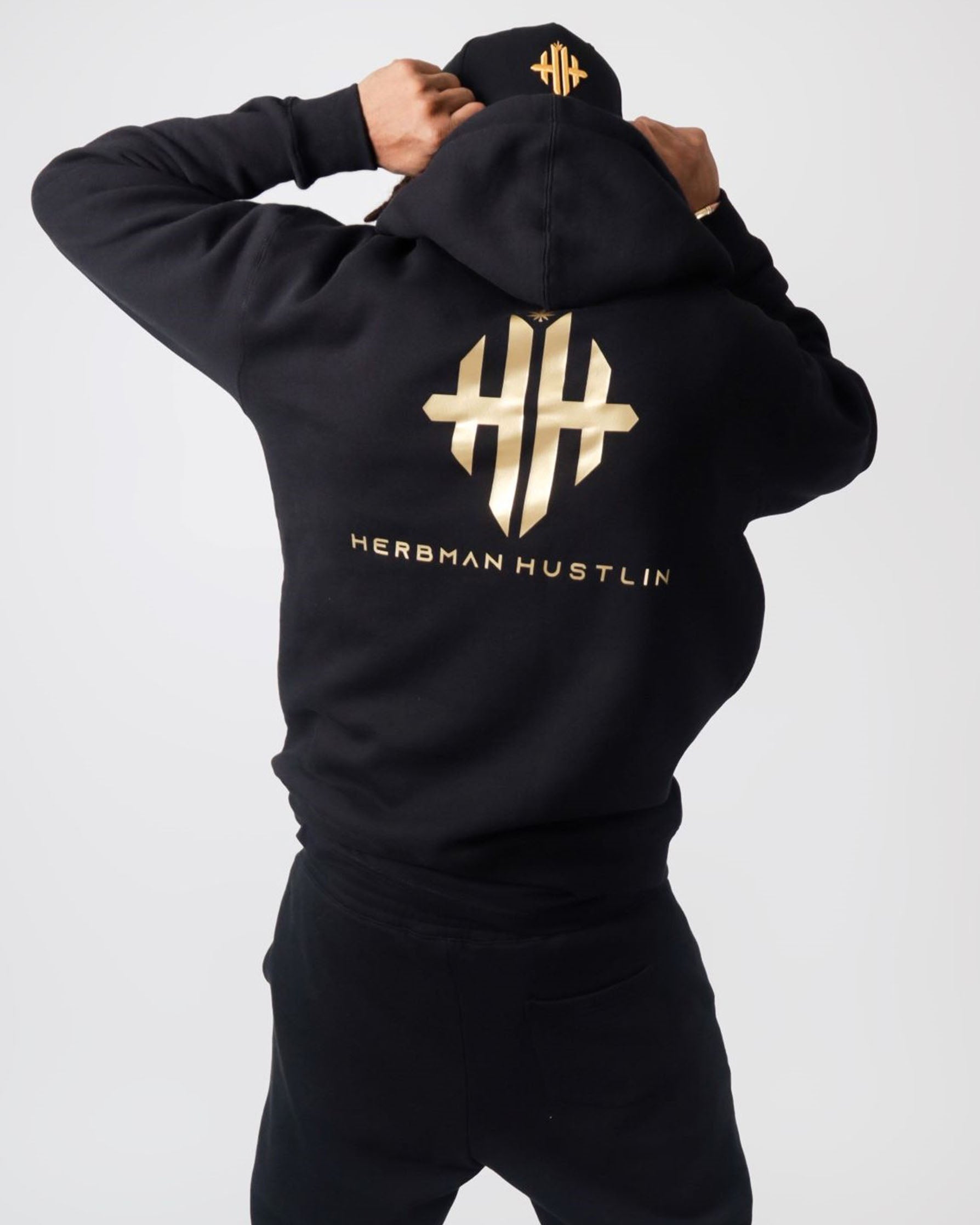 Herbman Hustlin Gold Emblem Heavyweight Monogram Hoodie - Black/Gold