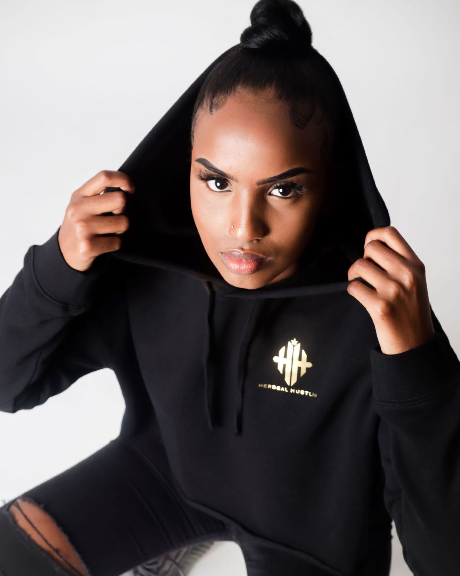 Herbman Hustlin Gold Emblem Heavyweight Monogram Hoodie - Black/Gold